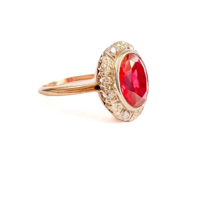 Antique Art Deco 14K Gold Red Garnet and Diamond Halo Ring