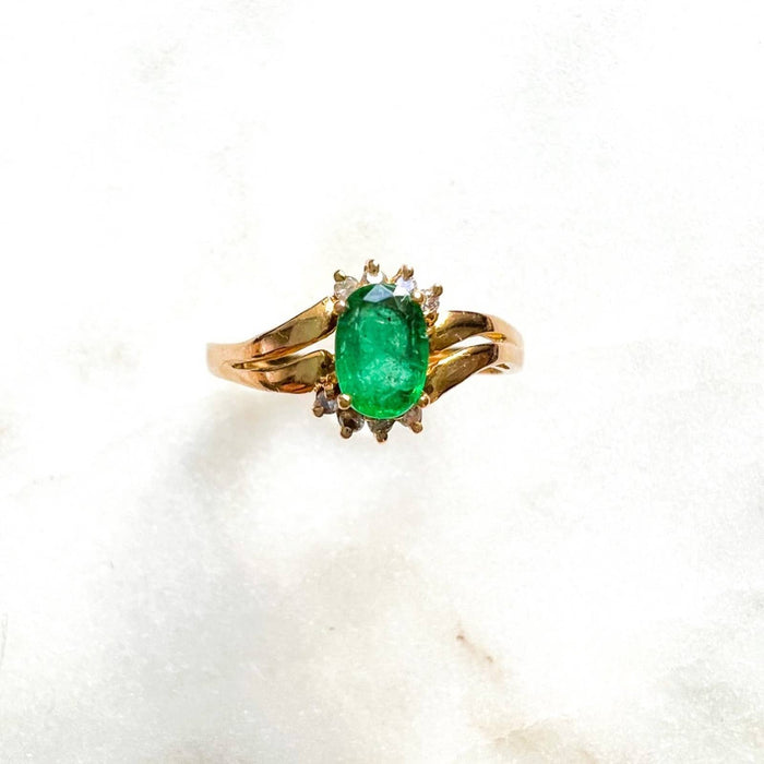 14K Yellow Gold Emerald And Diamond Cluster Ring