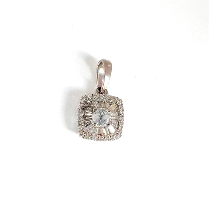 14K White Gold Baguette and Round Diamond Pendant