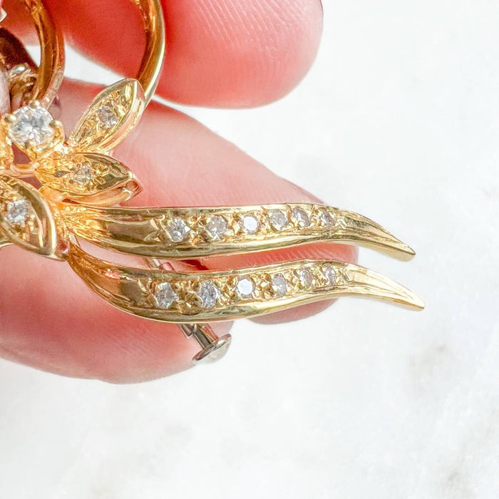 Vintage 14K Yellow Gold Diamond Ribbon Pin Brooch