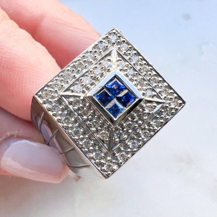 Men's 14K White Gold Blue Sapphire and Diamond Ring