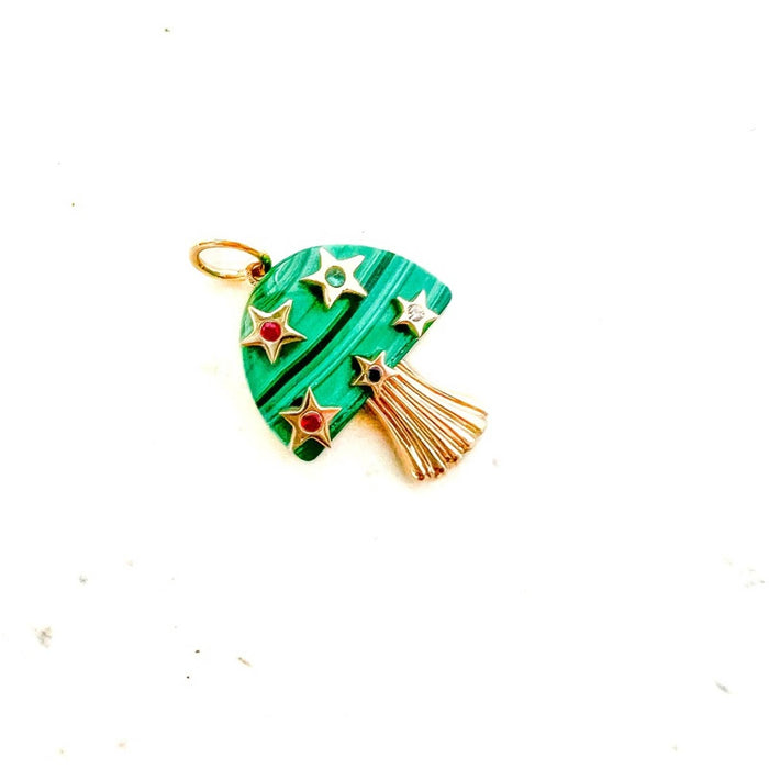 Malachite Mushroom Charm 14K Yellow Gold