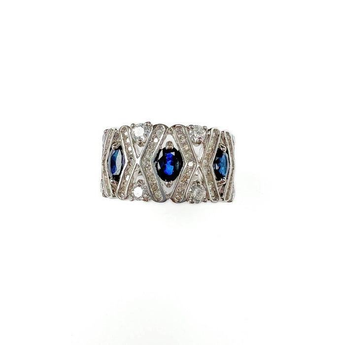 Art Deco Oval Sapphire and Diamond 14K White Gold Vintage Ring