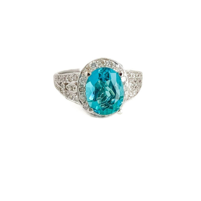 18k White Gold Oval Blue Topaz and Diamond Halo Cocktail Ring