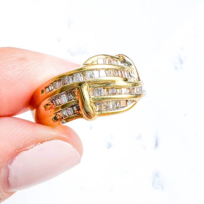 14K Yellow Gold Baguette Diamond Crossover Vintage Ring