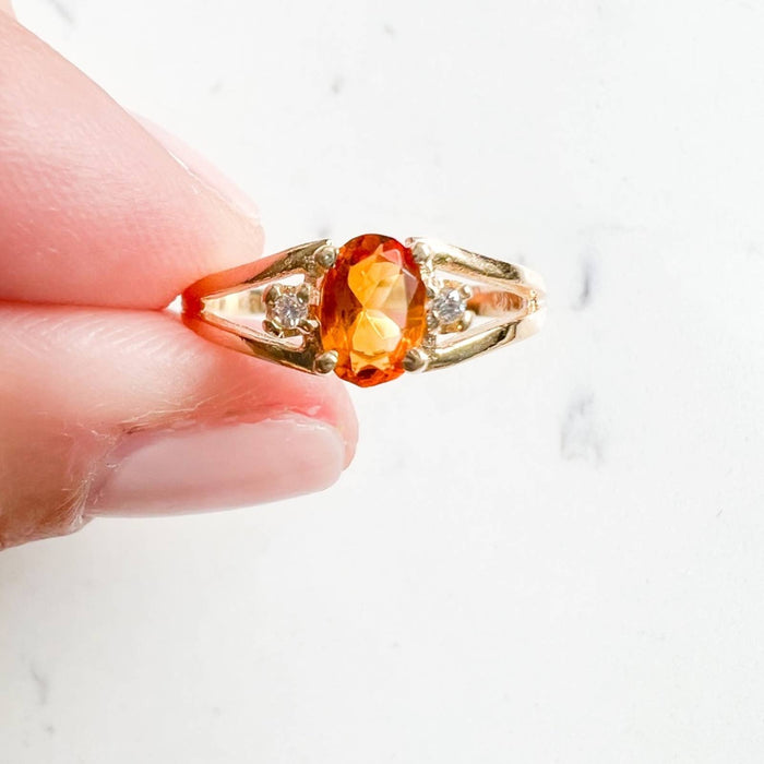 14K Yellow Gold Citrine and Diamond  Vintage Ring