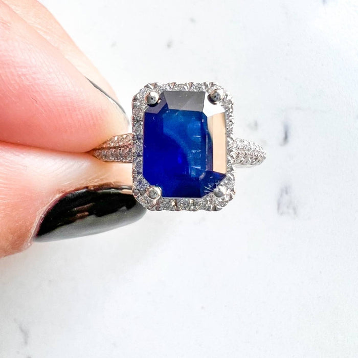 Vera Wang Emerald-Cut Blue Sapphire Halo Ring 18K White Gold