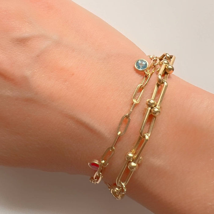 Multi Gemstone Bezel Dangle Paperclip Bracelet 14K Gold