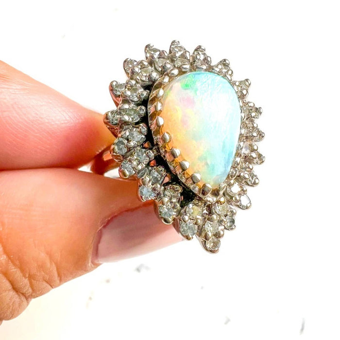 3 Carat Opal Diamond 14K White Gold Cocktail Ring