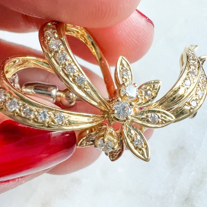 Vintage 14K Yellow Gold Diamond Ribbon Pin Brooch