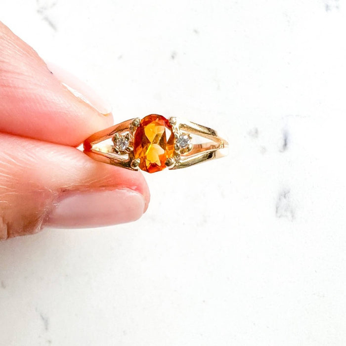 14K Yellow Gold Citrine and Diamond  Vintage Ring