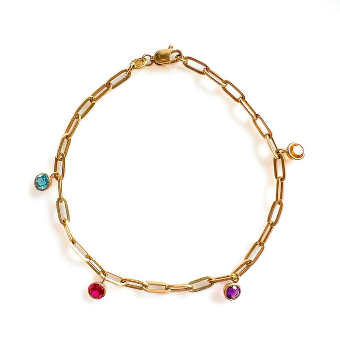 Multi Gemstone Bezel Dangle Paperclip Bracelet 14K Gold