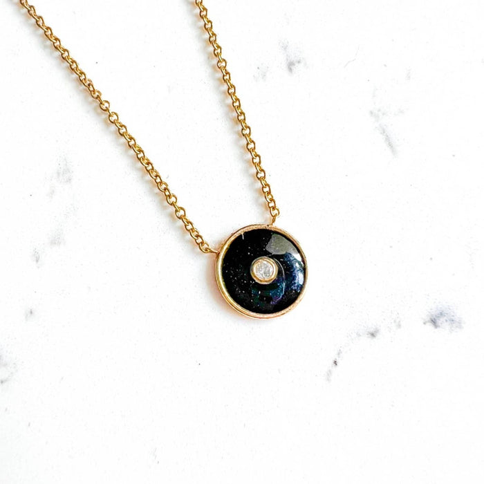 14K Yellow Gold Black Enamel and Diamond Charm Necklace