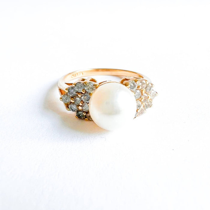 Pearl And Diamond Engagement Ring in 14K Yellow Gold