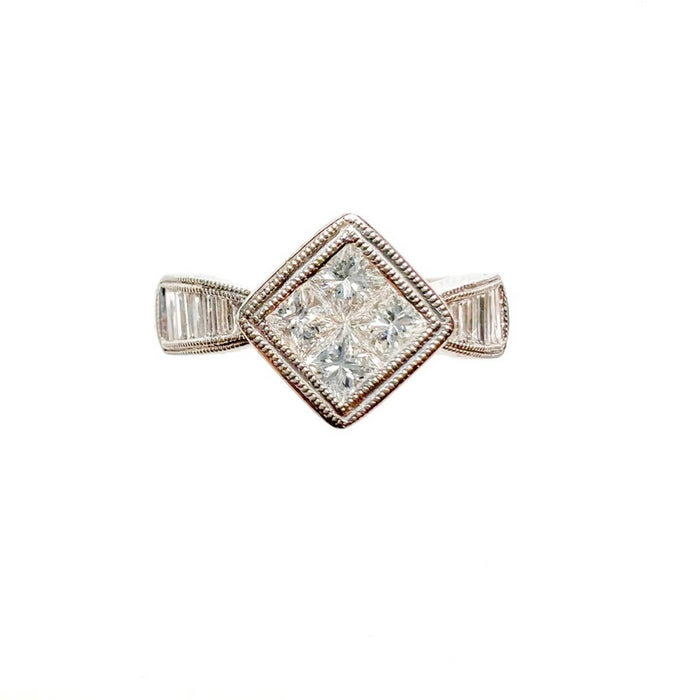 18K White Gold Princess Cut and Baguette Vintage Ring