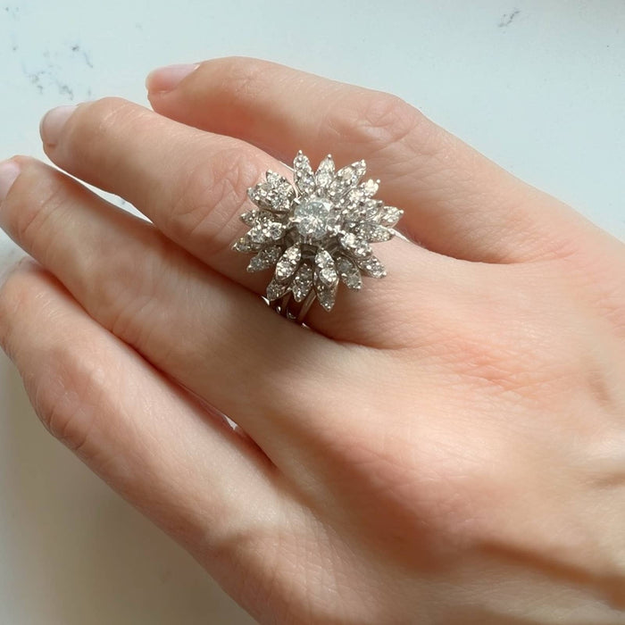 14K White Gold  Diamond Cocktail Flower Ring