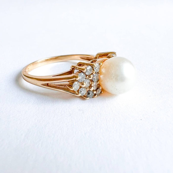 Pearl And Diamond Engagement Ring in 14K Yellow Gold