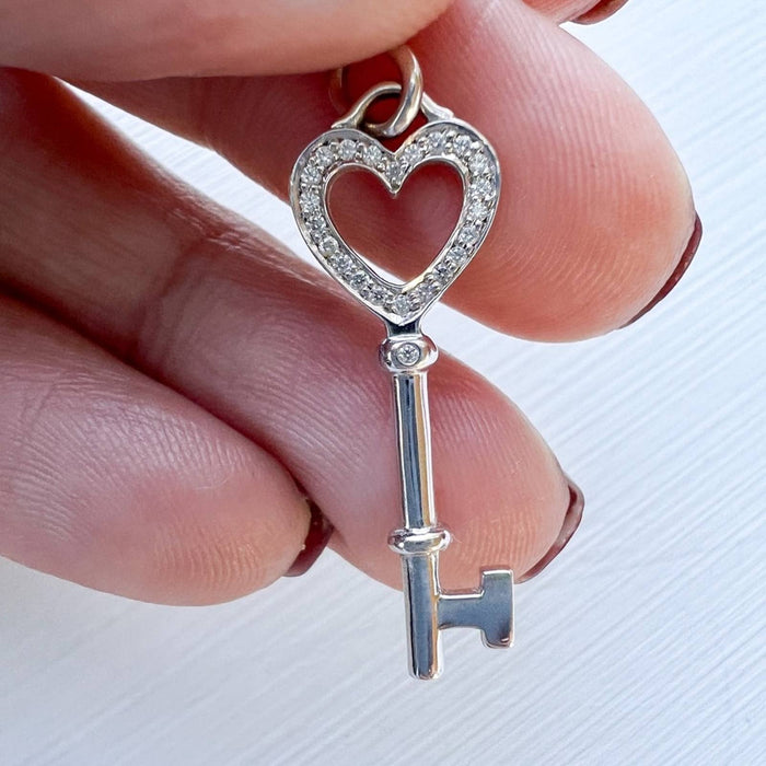 Tiffany & Co. 18k White Gold Diamond Heart Key Pendant