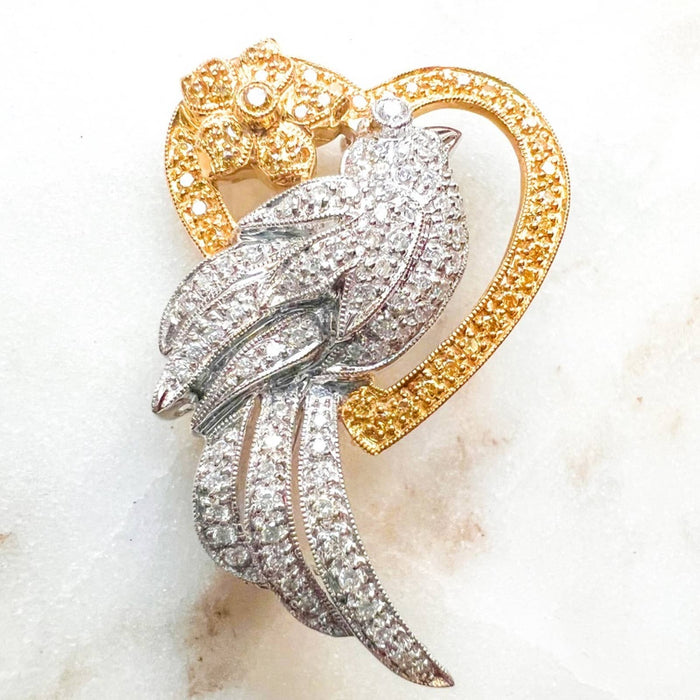 Vintage Diamond 18k Two Tone Gold Bird Brooch Pin