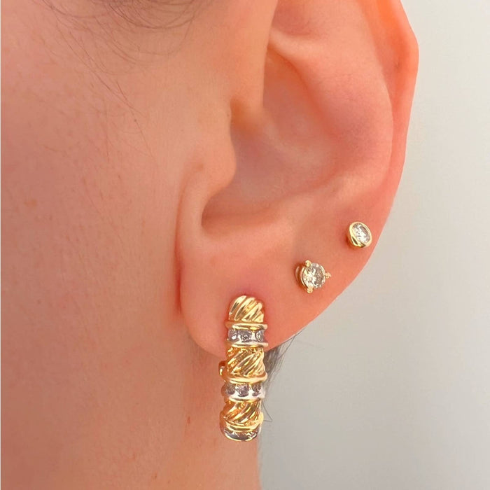 Vintage 10K Yellow Gold Diamond J Bamboo Hoops Earrings