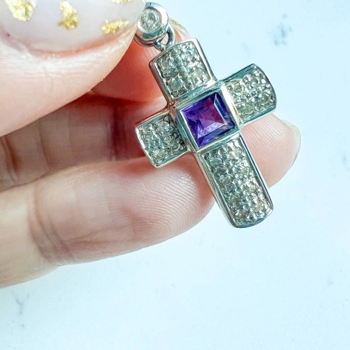 14K White Gold Pendant Cross with Amethysts and Diamonds