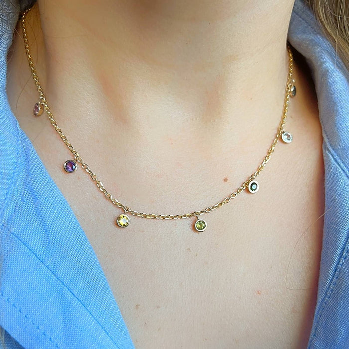 14K Yellow Gold Bezel Set Multi Gemstone Dangle Necklace