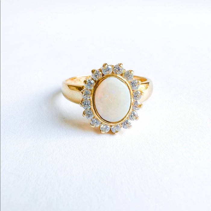 14K Yellow Gold Opal and Cubic Zirconia Halo Ring