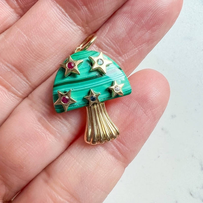 MUSHROOM MALACHITE CHARM PENDANT 14K