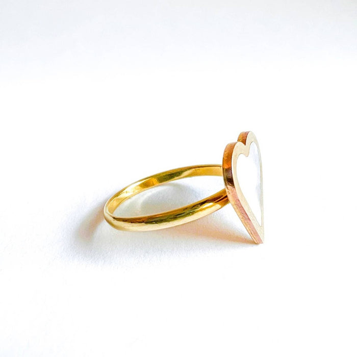 Mother Of Pearl Enamel Heart Ring 14K Gold