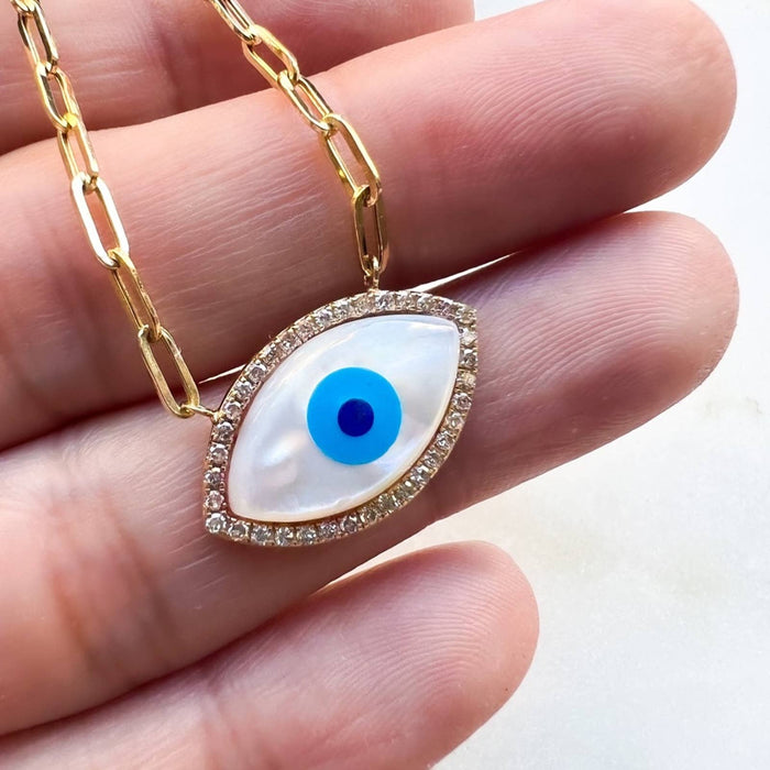 Mother Of Pearl Evil Eye Diamond Charm in a Paperclip Necklace  14K Yellow Gold