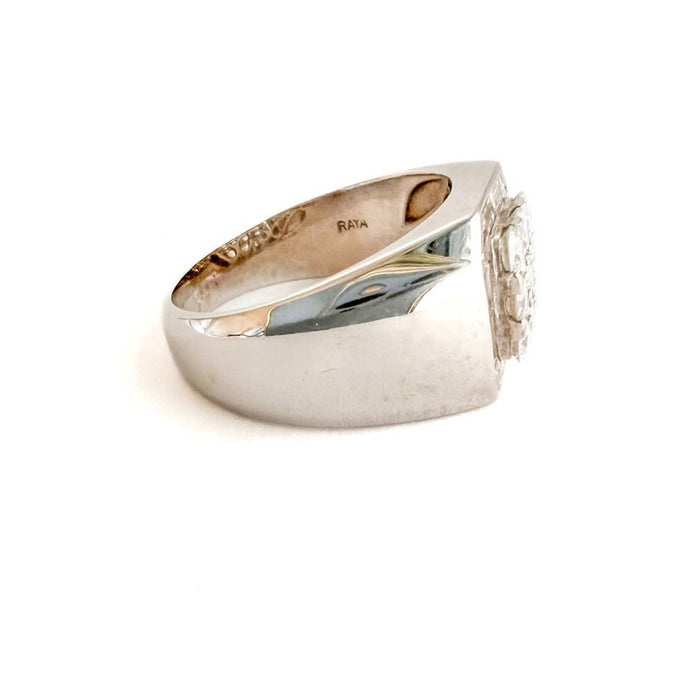 14K White Gold Round and Baguette Diamond Men's Signet Ring