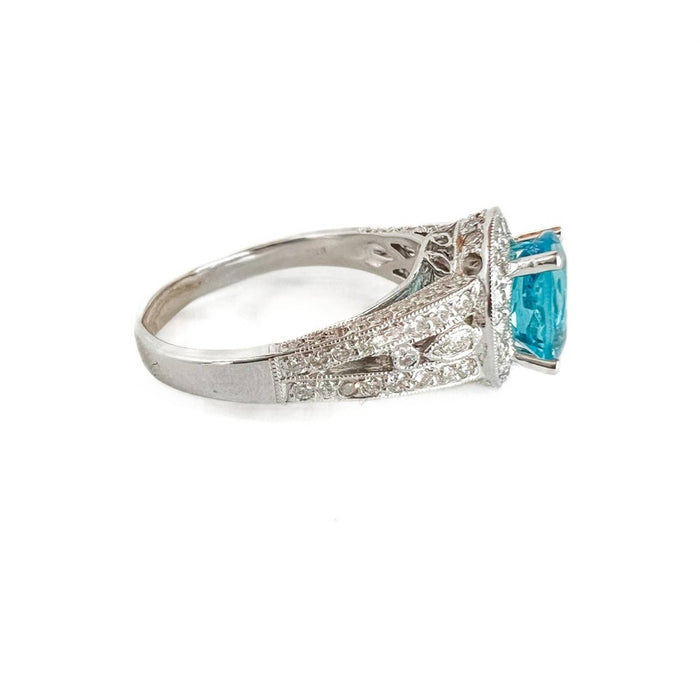 18k White Gold Oval Blue Topaz and Diamond Halo Cocktail Ring