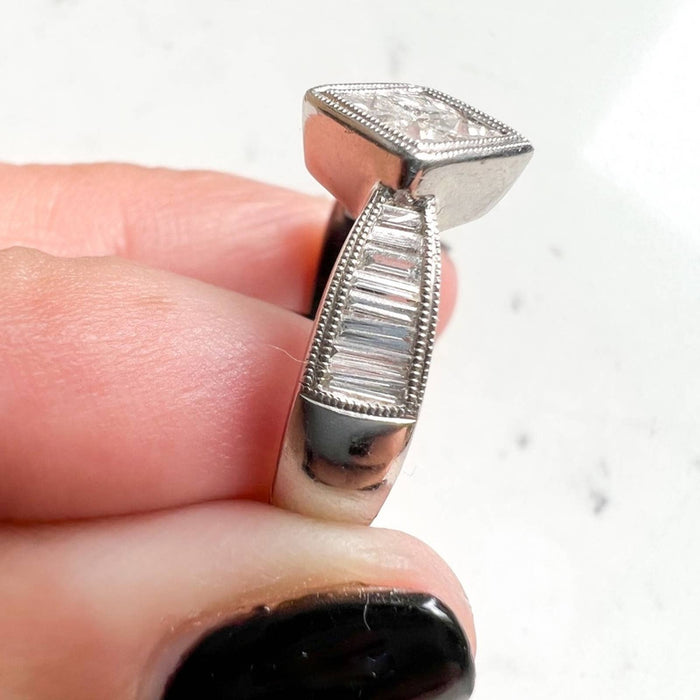 18K White Gold Princess Cut and Baguette Vintage Ring