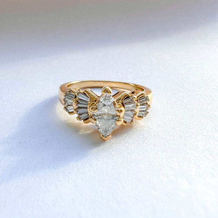 Vintage 14K Yellow Gold Baguette & Trillion Cut Diamond Engagement Ring