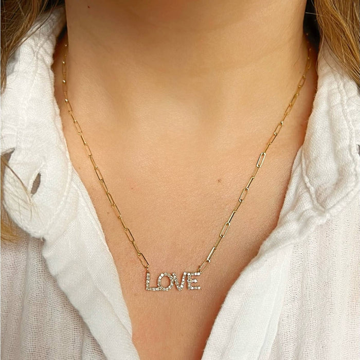 LOVE Diamond Paperclip Necklace 14K Yellow Gold