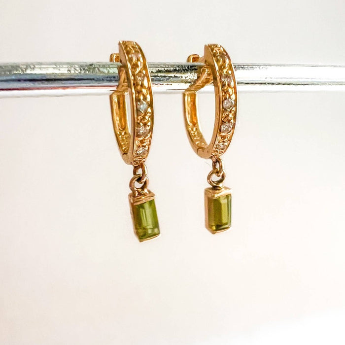 Green Tourmaline Diamond Hoop Earrings 14K Yellow Gold