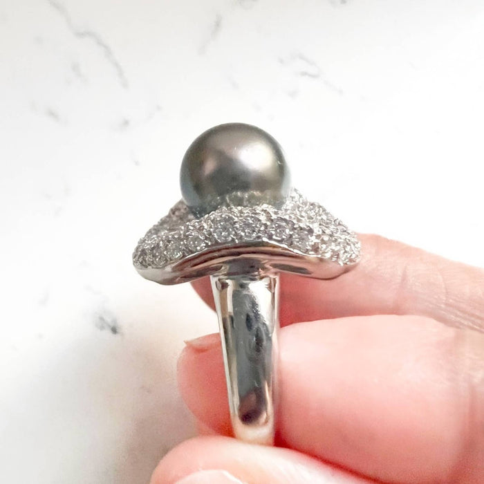 18K White Gold Tahitian Pearl And Diamond Cocktail Ring