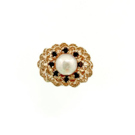 14K Gold Cultured Pearl and Garnet Basket Weave Cocktail Ring